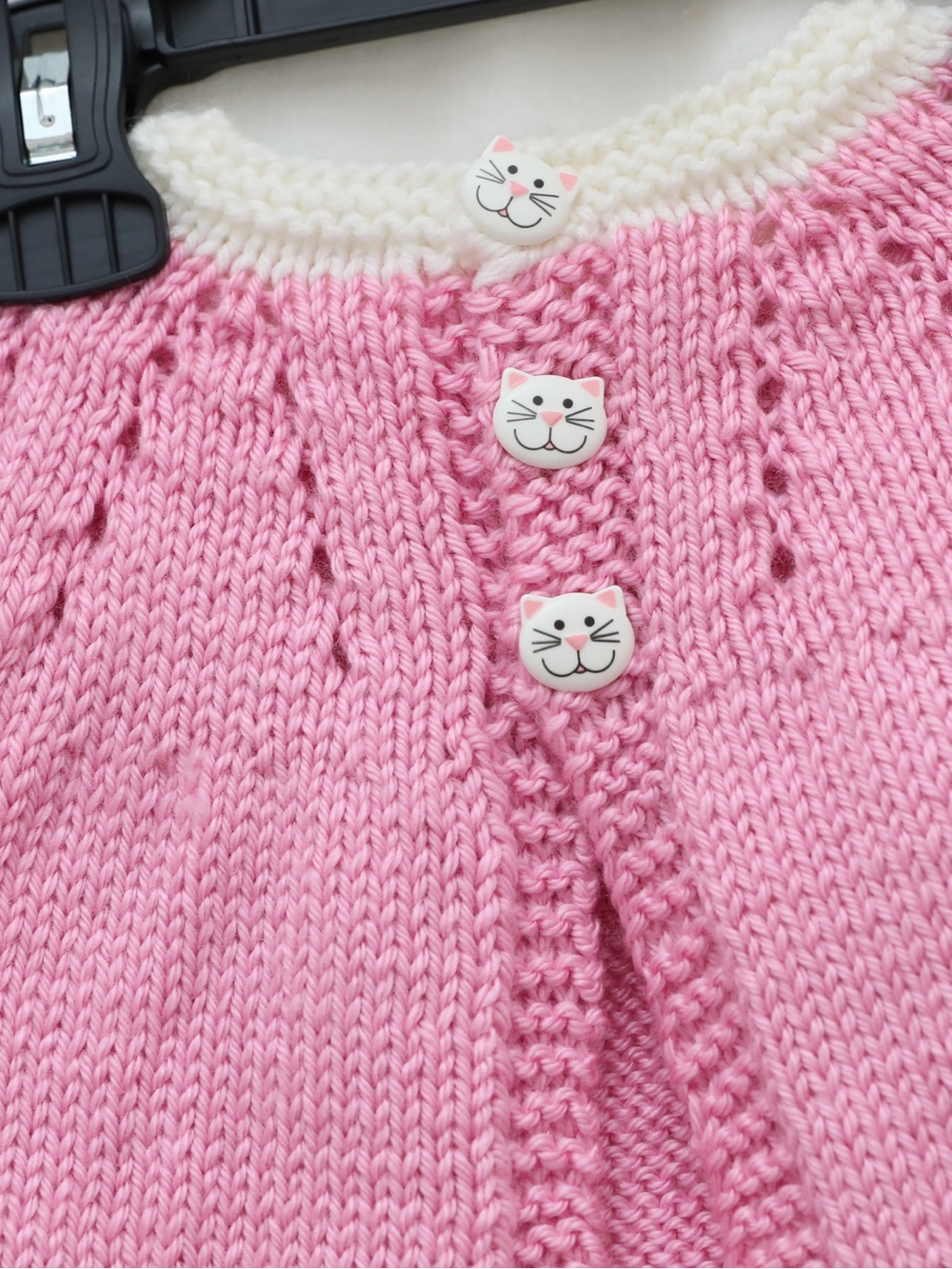 Pink knit baby girl jacket top infant newborn reborn doll pink white cat buttons - Picture 2 of 3